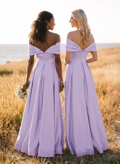 A-Line Off-The-Shoulder Sleeveless Satin Bridesmaid Dresses With High Split