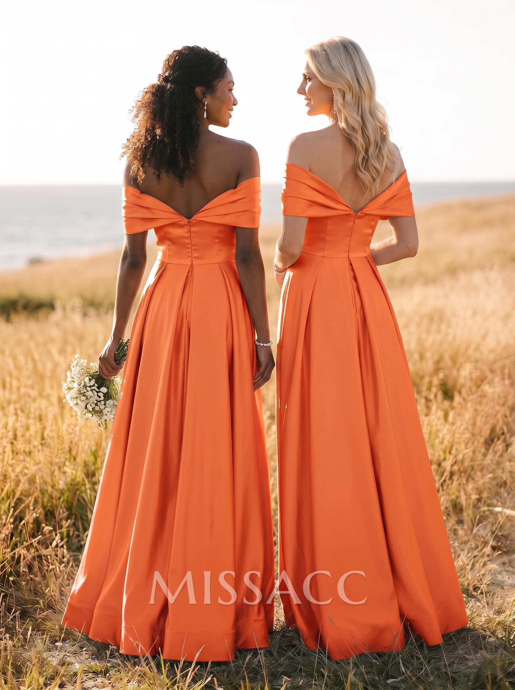 A-Line Off-The-Shoulder Sleeveless Satin Bridesmaid Dresses With High Split