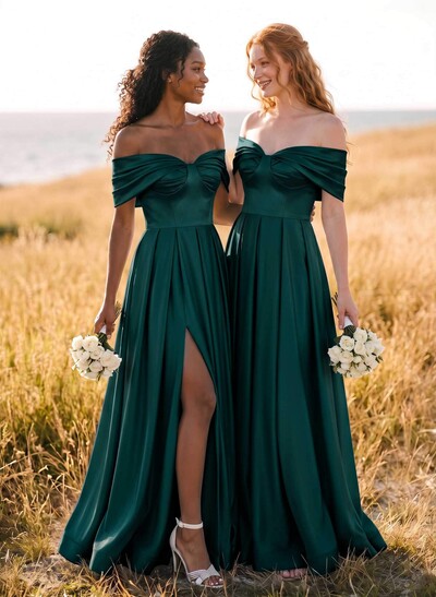 A-Line Off-The-Shoulder Sleeveless Satin Bridesmaid Dresses With High Split