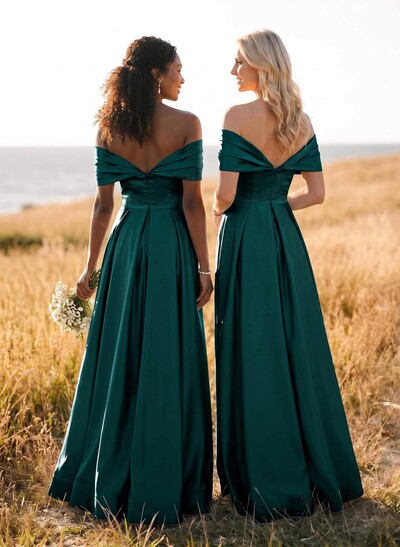 A-Line Off-The-Shoulder Sleeveless Satin Bridesmaid Dresses With High Split