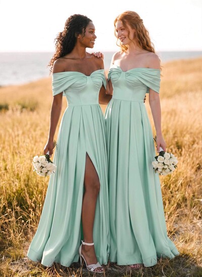 A-Line Off-The-Shoulder Sleeveless Satin Bridesmaid Dresses With High Split
