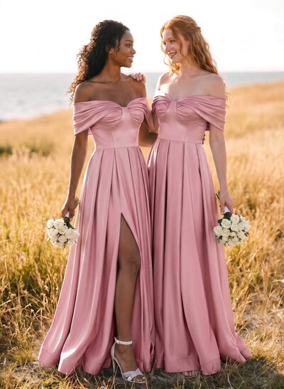 A-Line Off-The-Shoulder Sleeveless Satin Bridesmaid Dresses With High Split