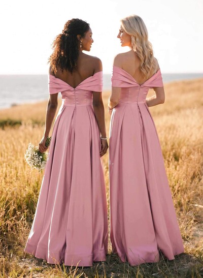 A-Line Off-The-Shoulder Sleeveless Satin Bridesmaid Dresses With High Split