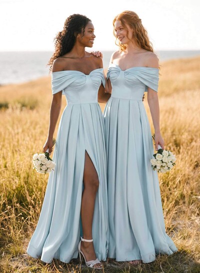 A-Line Off-The-Shoulder Sleeveless Satin Bridesmaid Dresses With High Split