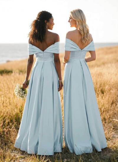 A-Line Off-The-Shoulder Sleeveless Satin Bridesmaid Dresses With High Split