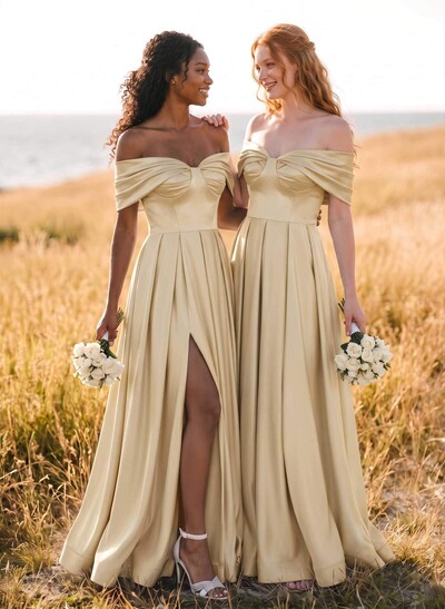 A-Line Off-The-Shoulder Sleeveless Satin Bridesmaid Dresses With High Split