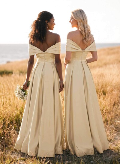 A-Line Off-The-Shoulder Sleeveless Satin Bridesmaid Dresses With High Split