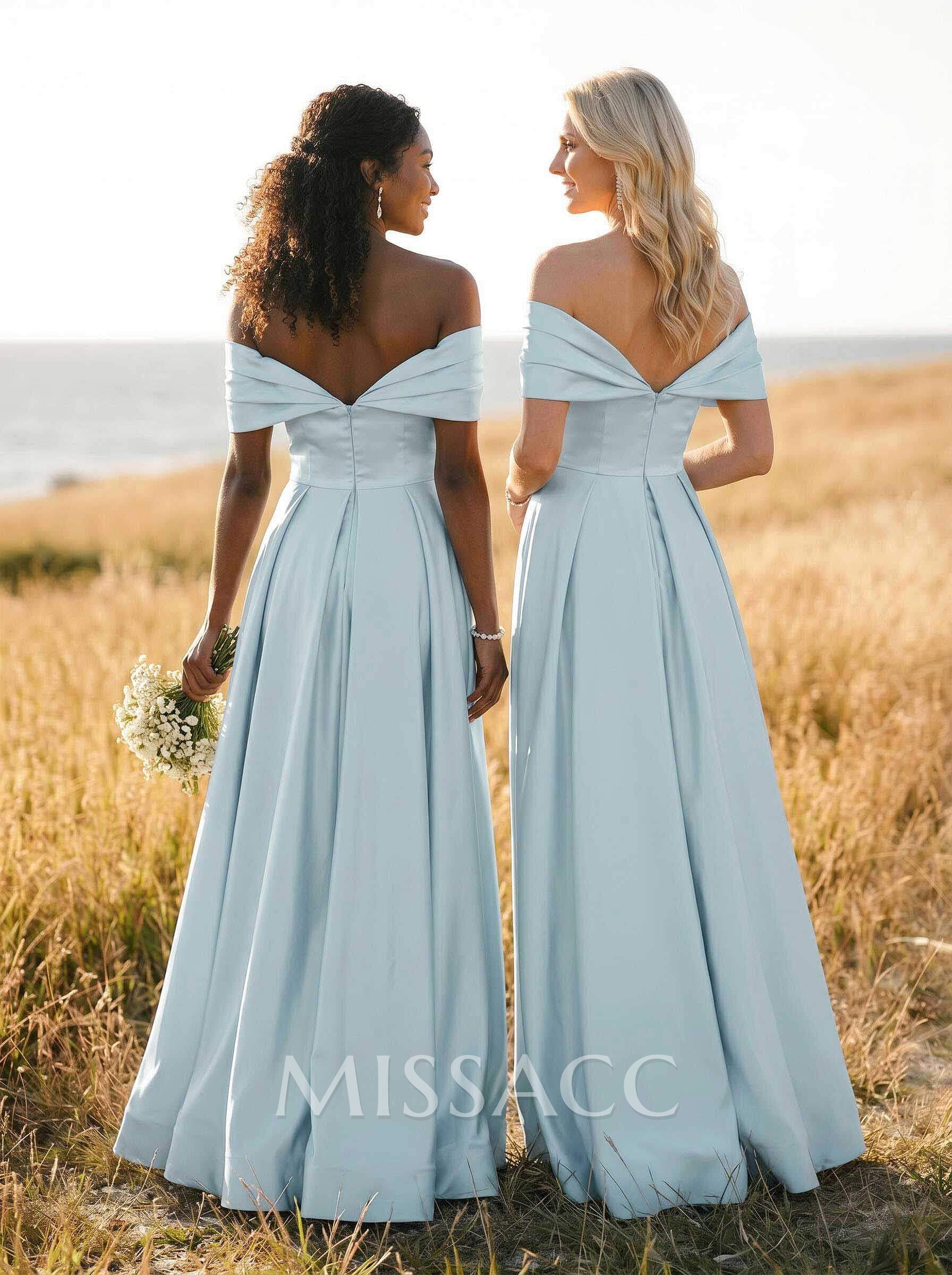 A-Line Off-The-Shoulder Sleeveless Satin Bridesmaid Dresses With High Split