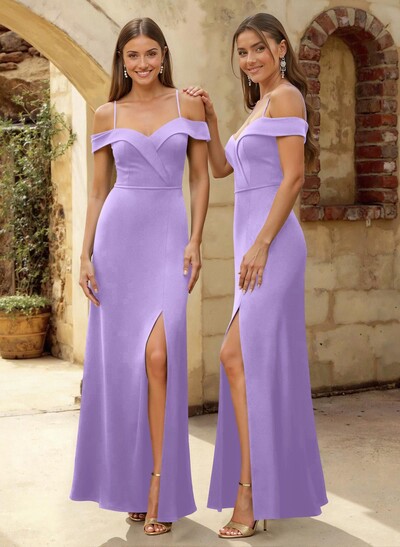 Sheath/Column Off-The-Shoulder Crepe Satin Bridesmaid Dresses With High Split