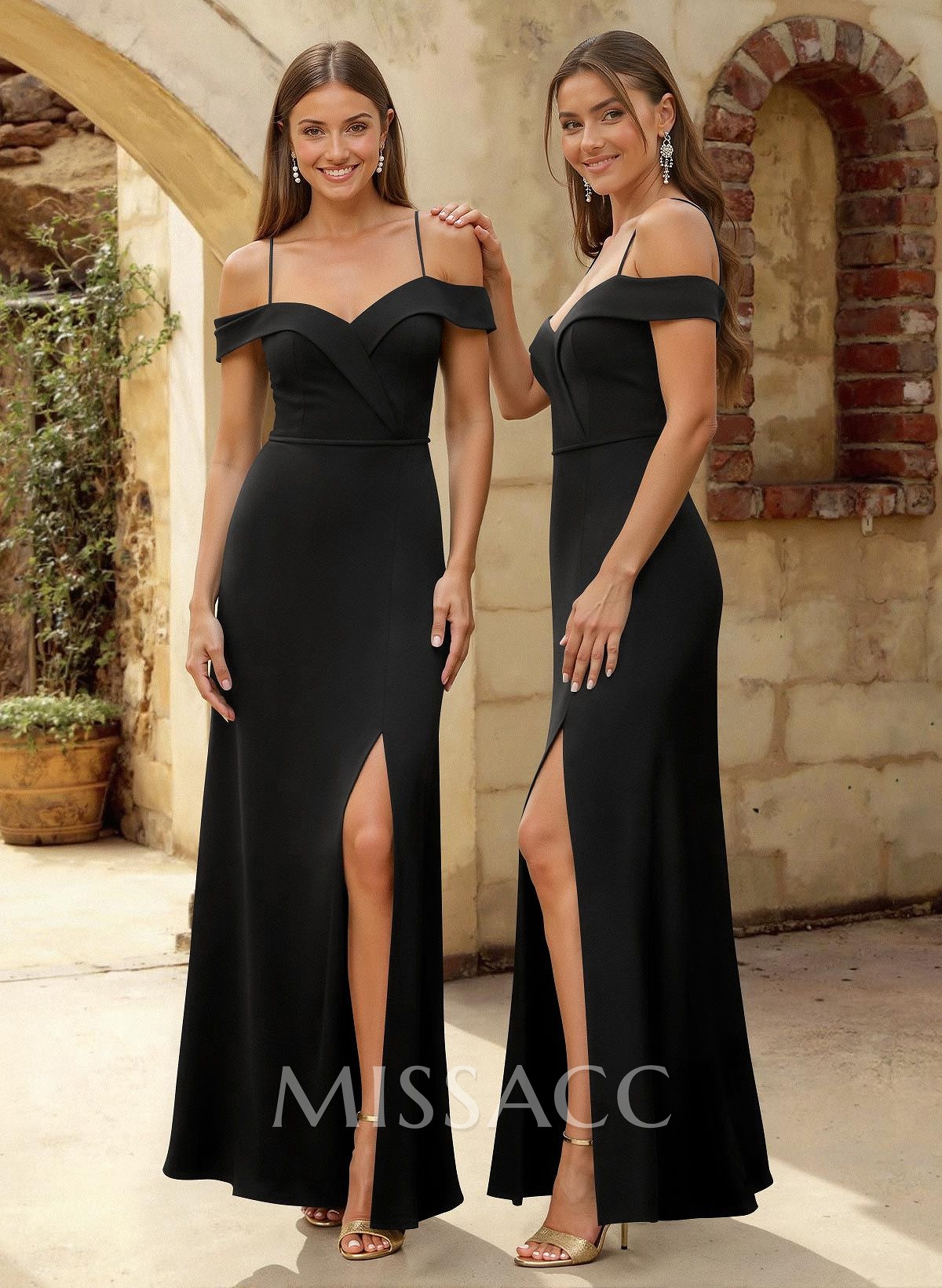 Sheath/Column Off-The-Shoulder Crepe Satin Bridesmaid Dresses With High Split
