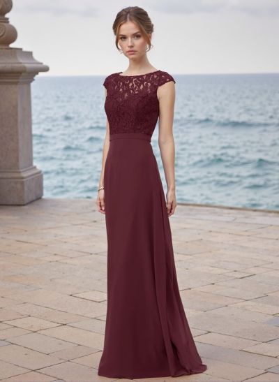 A-Line Scoop Neck Floor-Length Chiffon Bridesmaid Dresses With Lace