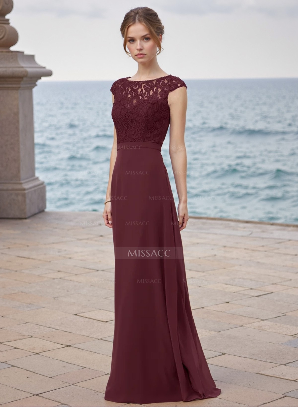 A-Line Scoop Neck Floor-Length Chiffon Bridesmaid Dresses With Lace