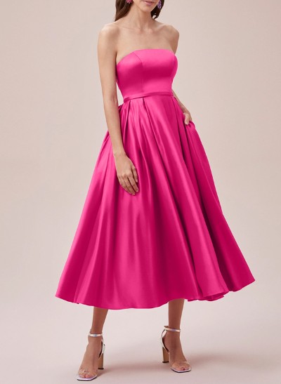 A-Line Strapless Sleeveless Tea-Length Satin Bridesmaid Dresses