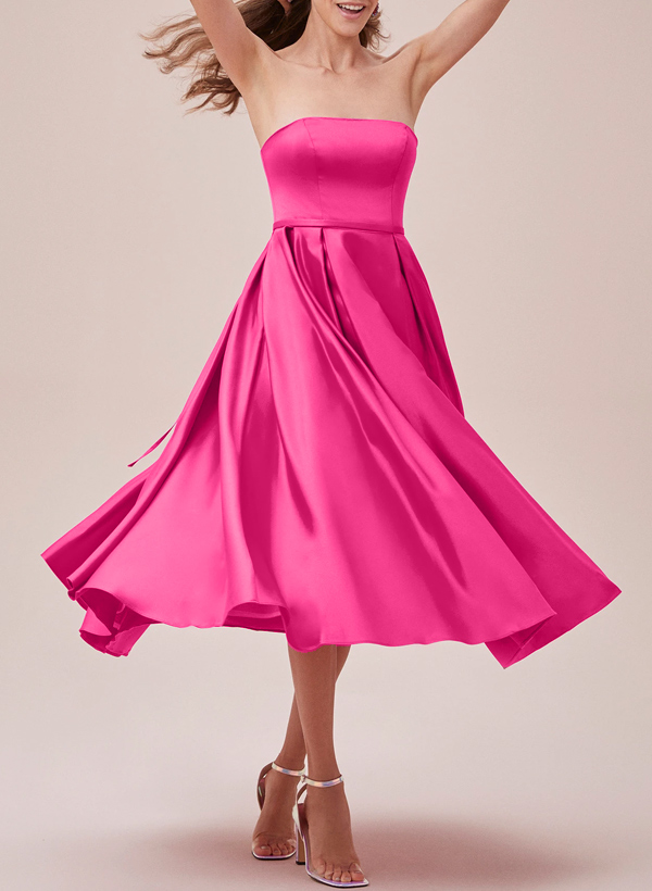 A-Line Strapless Sleeveless Tea-Length Satin Bridesmaid Dresses