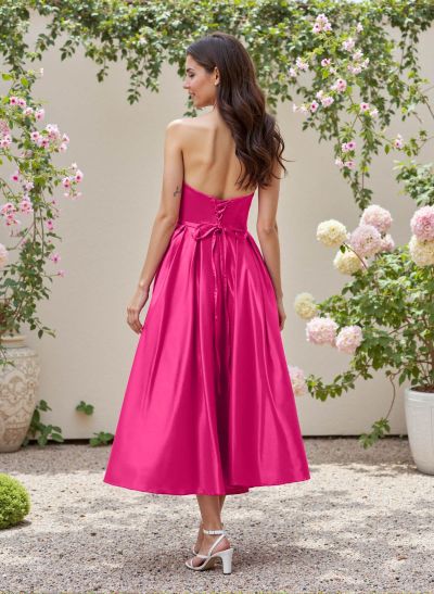 A-Line Strapless Sleeveless Tea-Length Satin Bridesmaid Dresses