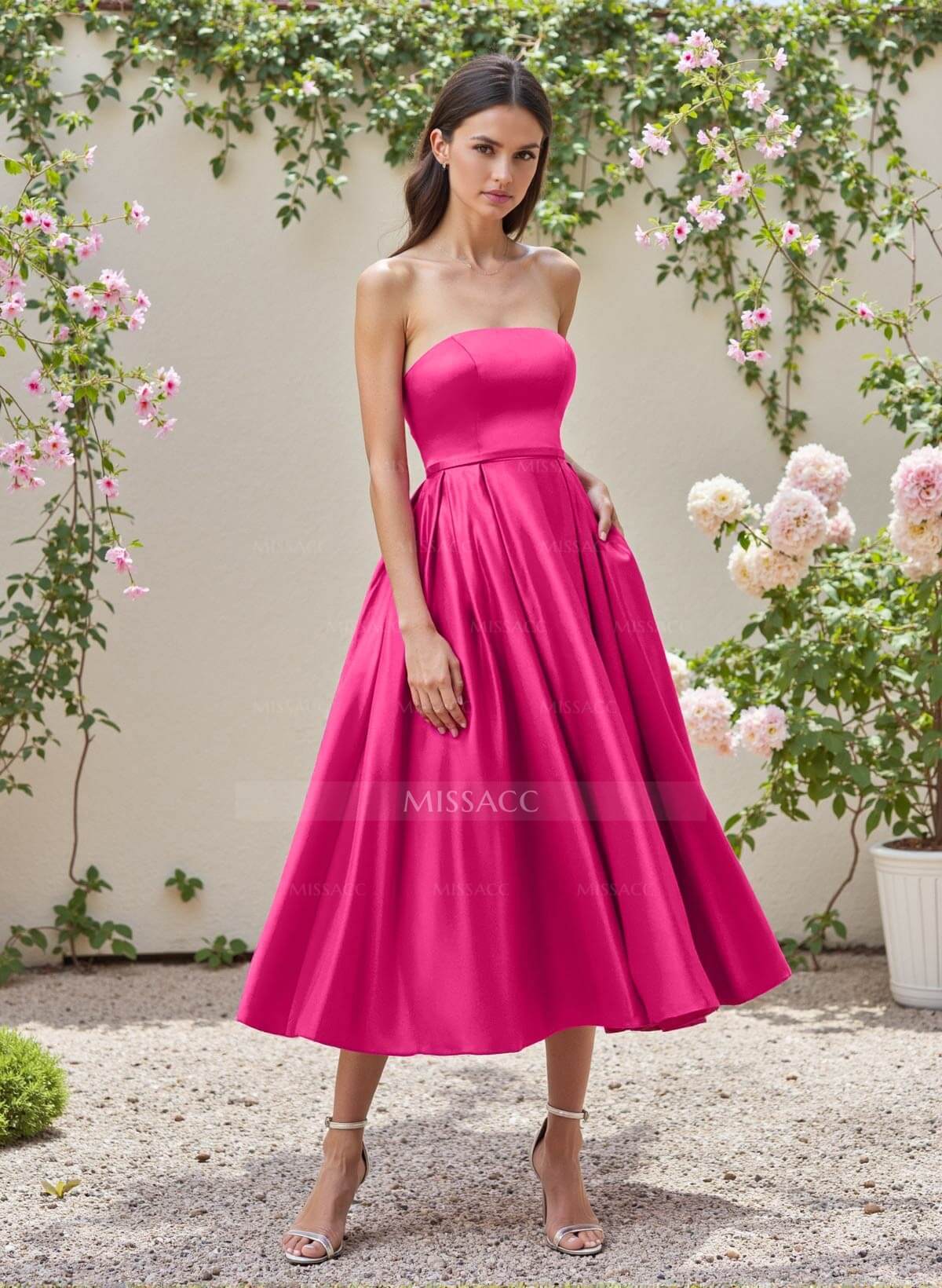 A-Line Strapless Sleeveless Tea-Length Satin Bridesmaid Dresses