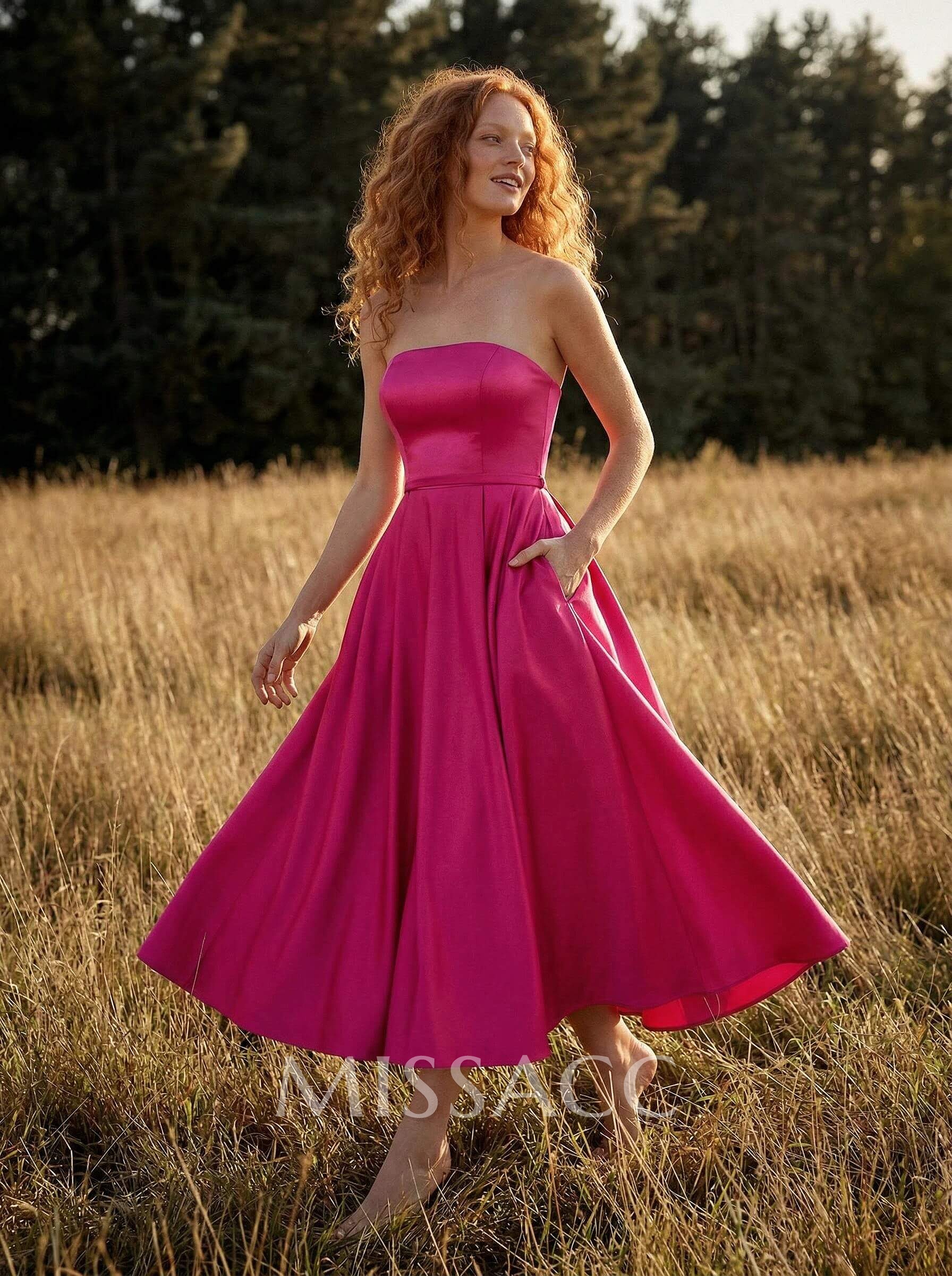 A-Line Strapless Sleeveless Tea-Length Satin Bridesmaid Dresses A-Line Strapless Sleeveless Tea-Length Satin Bridesmaid Dresses