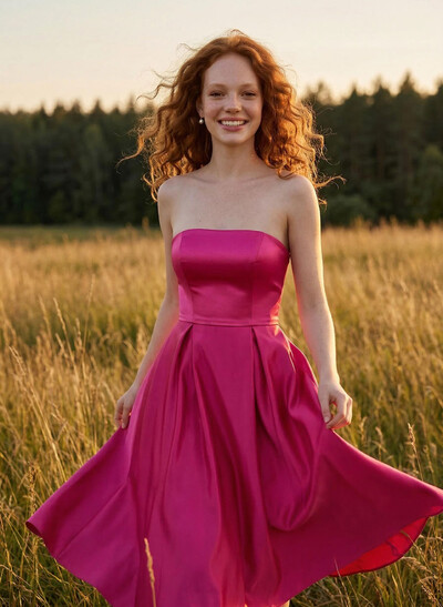 A-Line Strapless Sleeveless Tea-Length Satin Bridesmaid Dresses