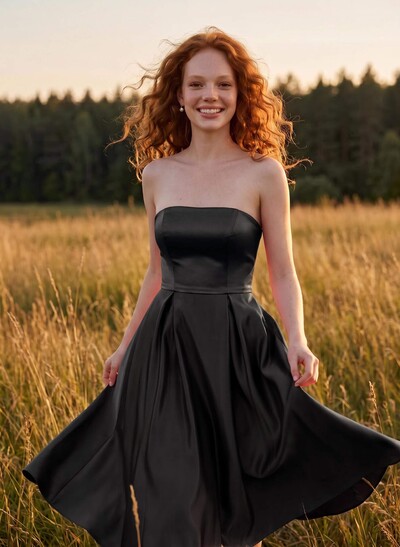 A-Line Strapless Sleeveless Tea-Length Satin Bridesmaid Dresses