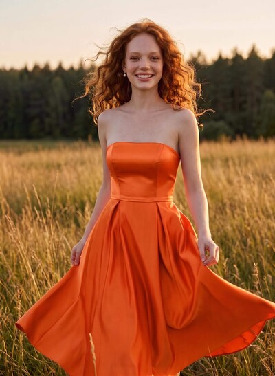 A-Line Strapless Sleeveless Tea-Length Satin Bridesmaid Dresses
