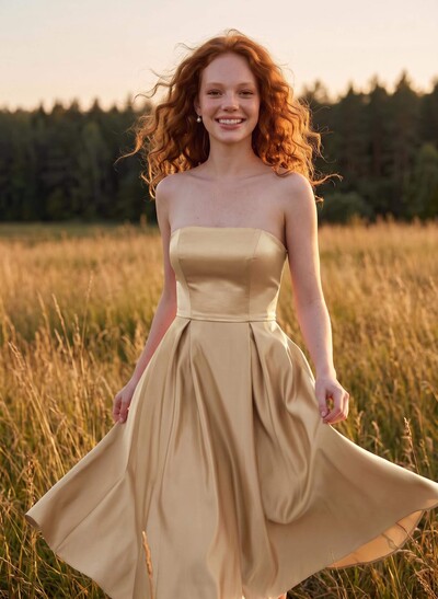 A-Line Strapless Sleeveless Tea-Length Satin Bridesmaid Dresses