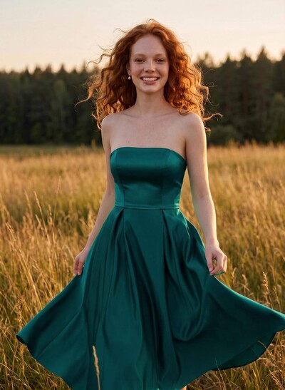A-Line Strapless Sleeveless Tea-Length Satin Bridesmaid Dresses