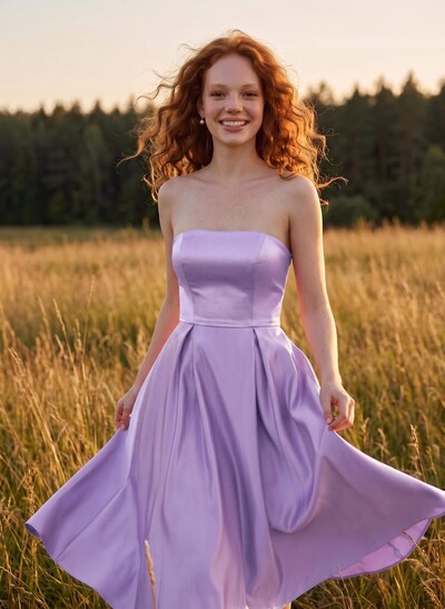 A-Line Strapless Sleeveless Tea-Length Satin Bridesmaid Dresses