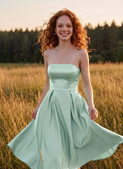 A-Line Strapless Sleeveless Tea-Length Satin Bridesmaid Dresses