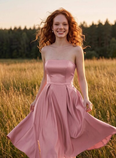 A-Line Strapless Sleeveless Tea-Length Satin Bridesmaid Dresses