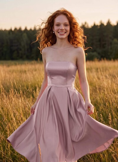 A-Line Strapless Sleeveless Tea-Length Satin Bridesmaid Dresses