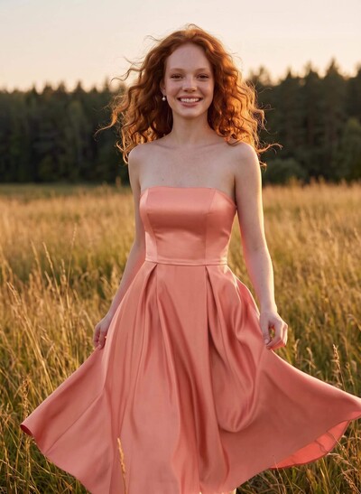 A-Line Strapless Sleeveless Tea-Length Satin Bridesmaid Dresses