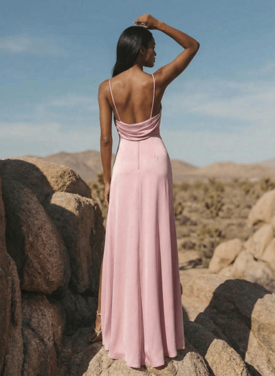 Sheath/Column V-Neck Stretch Satin Bridesmaid Dresses With High Split