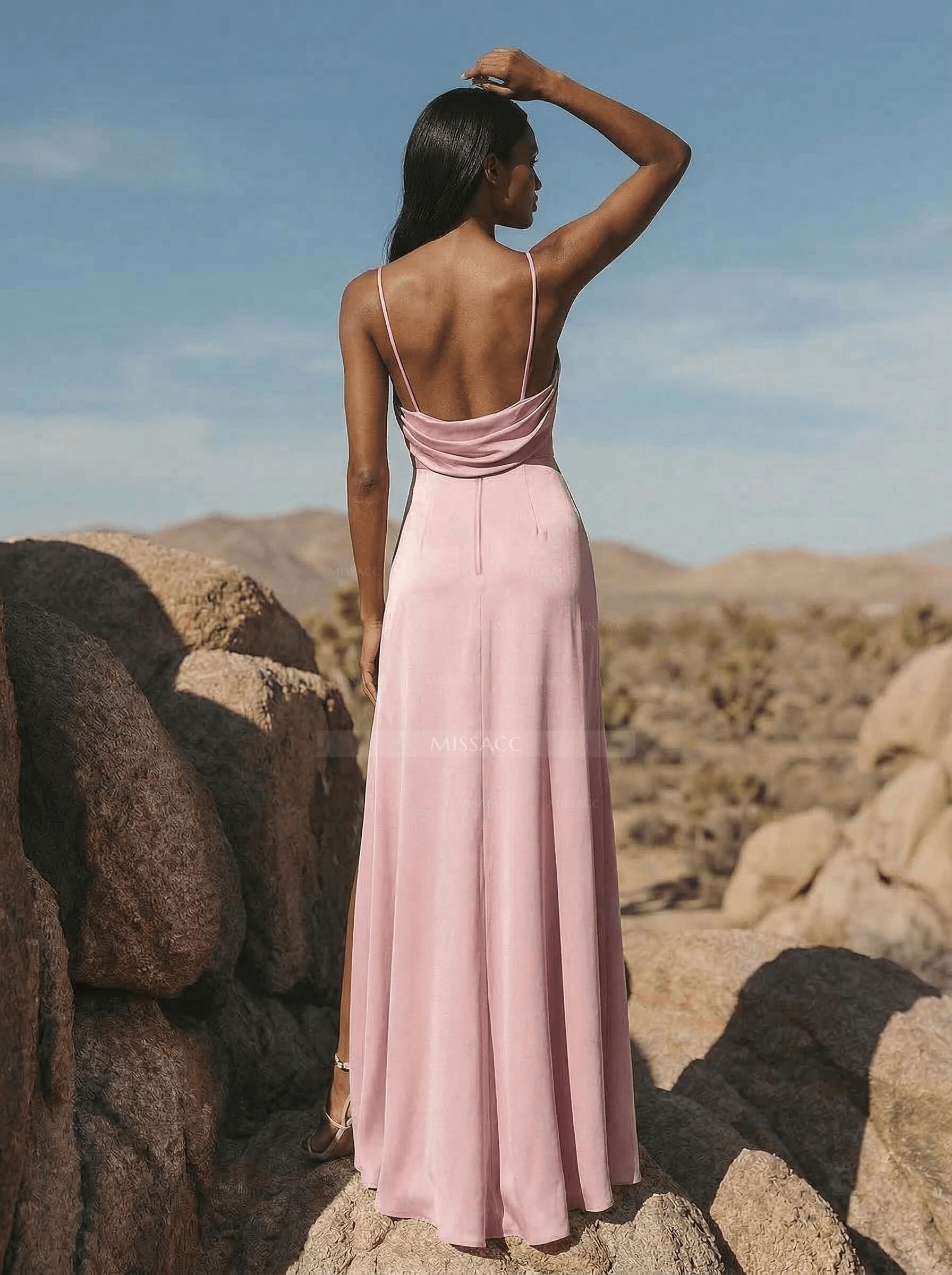 Sheath/Column V-Neck Stretch Satin Bridesmaid Dresses With High Split