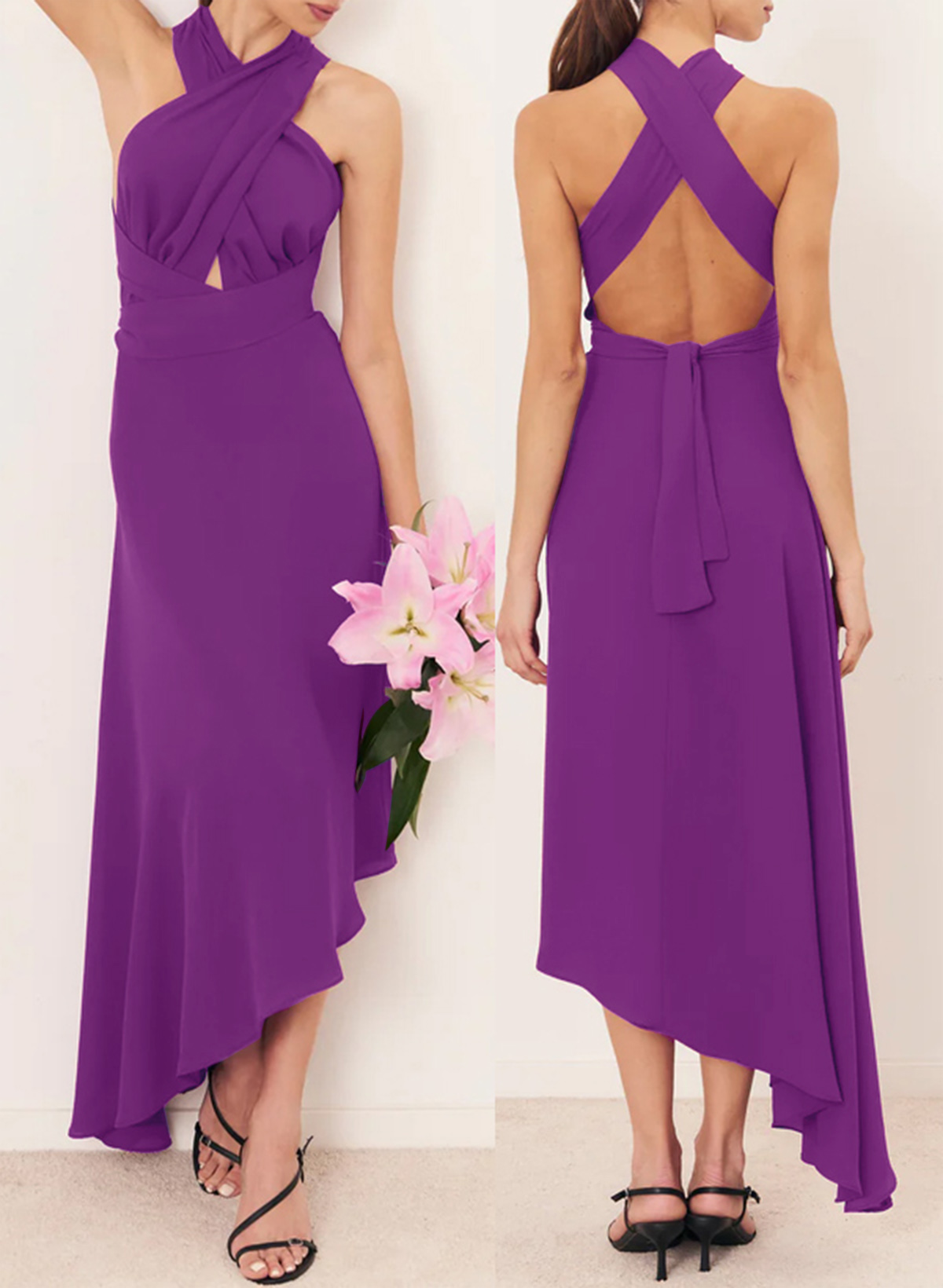 Sheath/Column Halter Asymmetrical Stretch Chiffon Bridesmaid Dresses With Back Hole