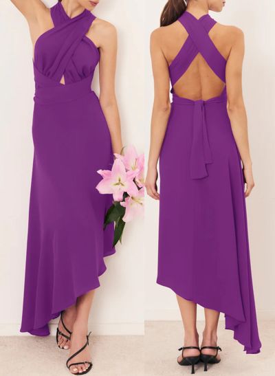 Sheath/Column Halter Asymmetrical Stretch Chiffon Bridesmaid Dresses With Back Hole