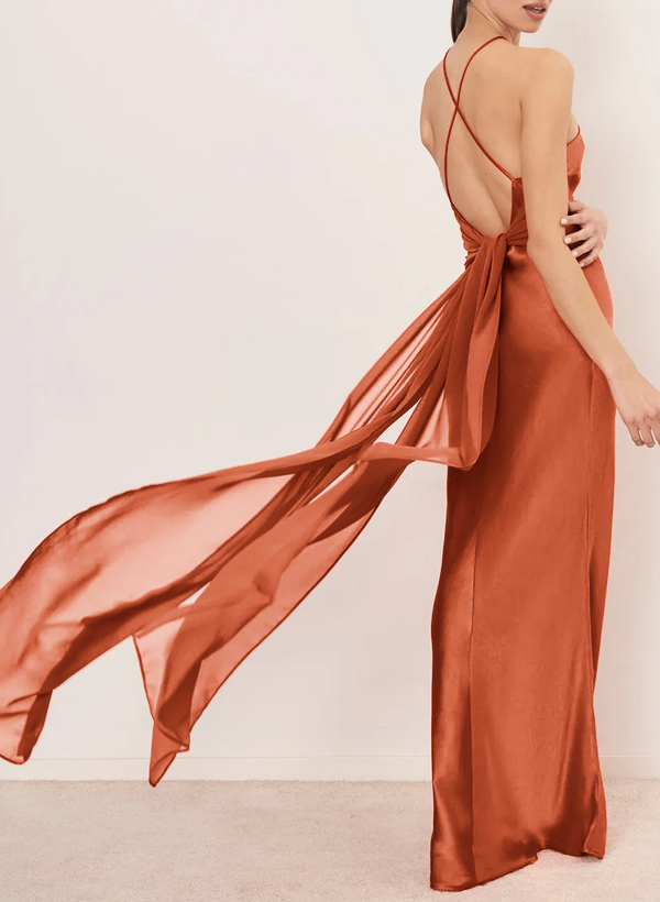 Sheath/Column Halter Floor-Length Silk Like Satin Bridesmaid Dresses