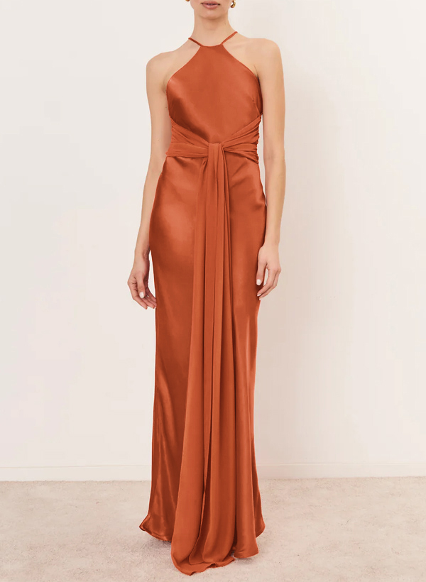 Sheath/Column Halter Floor-Length Stretch Satin Bridesmaid Dresses