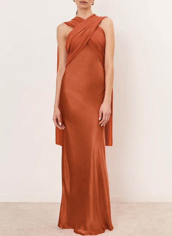 Sheath/Column Halter Floor-Length Stretch Satin Bridesmaid Dresses