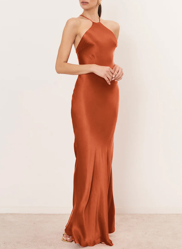Sheath/Column Halter Floor-Length Stretch Satin Bridesmaid Dresses