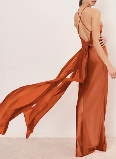 Sheath/Column Halter Floor-Length Stretch Satin Bridesmaid Dresses