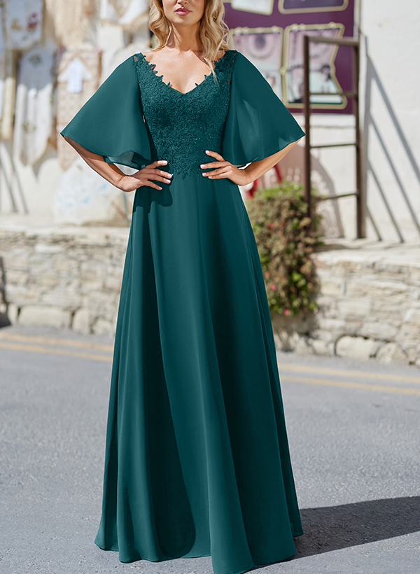 A-Line V-Neck Chiffon(Non-Stretch) Evening Dresses With Appliques Lace