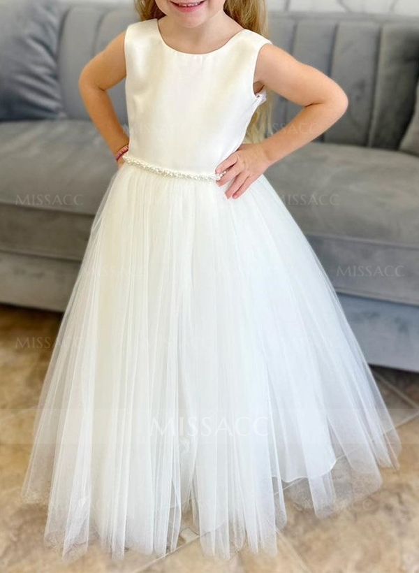 A-Line Scoop Neck Sleeveless Satin/Tulle Flower Girl Dresses With Beading