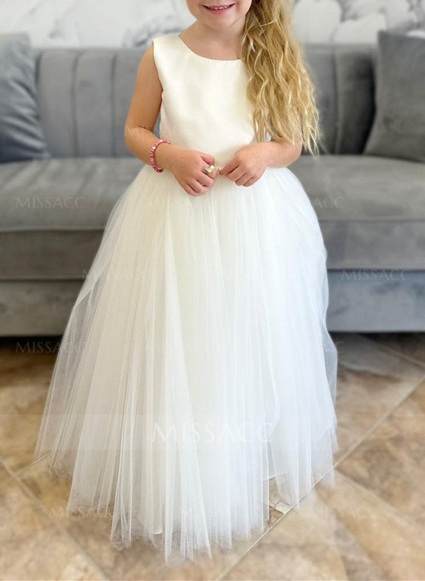 A-Line Scoop Neck Sleeveless Satin/Tulle Flower Girl Dresses With Beading