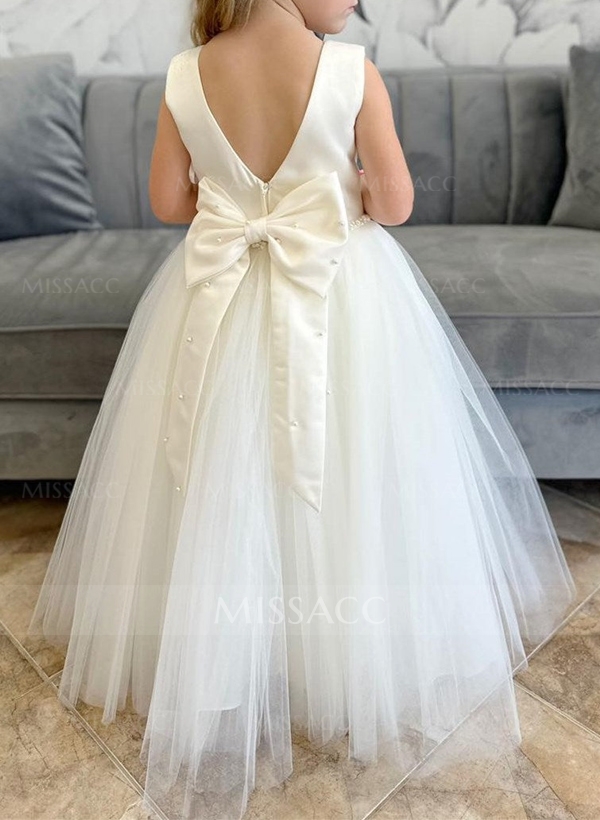 A-Line Scoop Neck Sleeveless Satin/Tulle Flower Girl Dresses With Beading