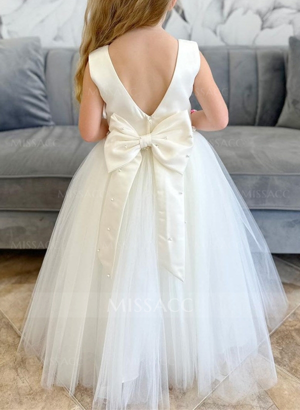 A-Line Scoop Neck Sleeveless Satin/Tulle Flower Girl Dresses With Beading