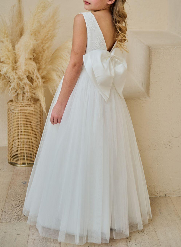 A-Line Scoop Neck Sleeveless Satin/Tulle Flower Girl Dresses With Lace