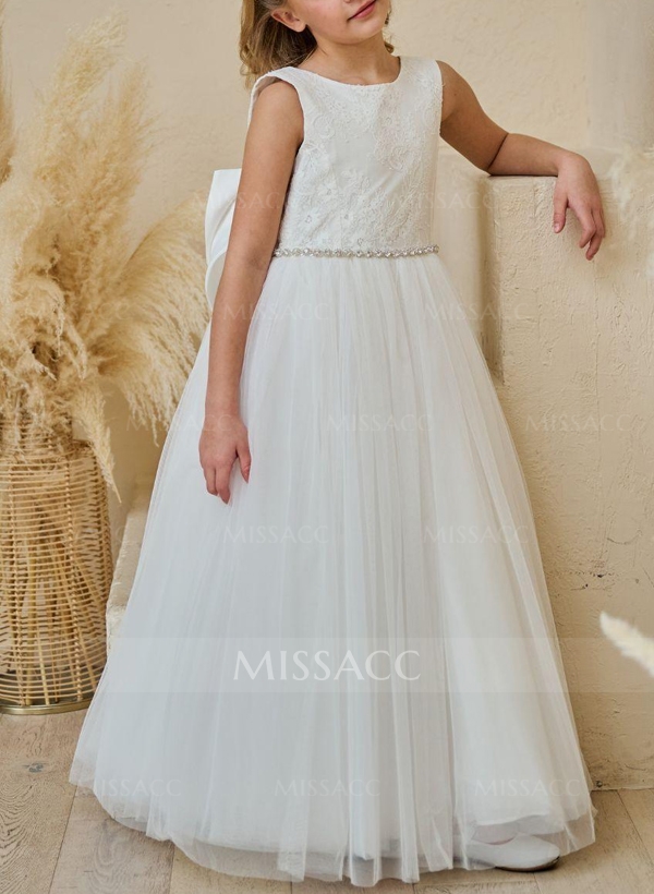 A-Line Scoop Neck Sleeveless Satin/Tulle Flower Girl Dresses With Lace
