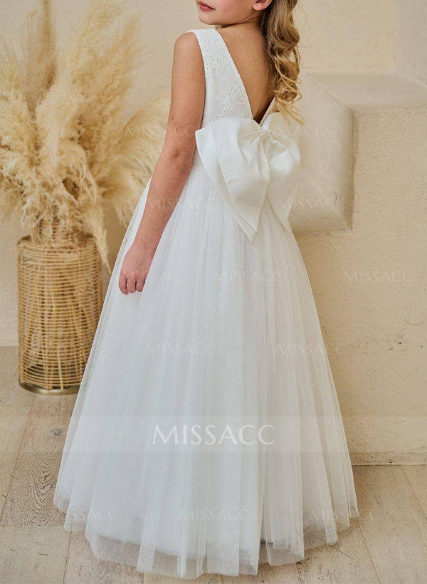 A-Line Scoop Neck Sleeveless Satin/Tulle Flower Girl Dresses With Lace