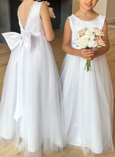 A-Line Scoop Neck Satin/Tulle Flower Girl Dresses With Bow(s)/Beading