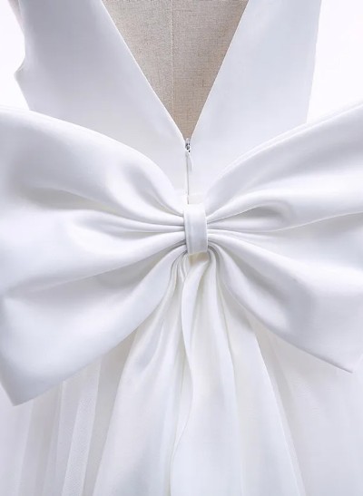 A-Line V-Neck Sleeveless Satin/Tulle Flower Girl Dresses With Bow(s)